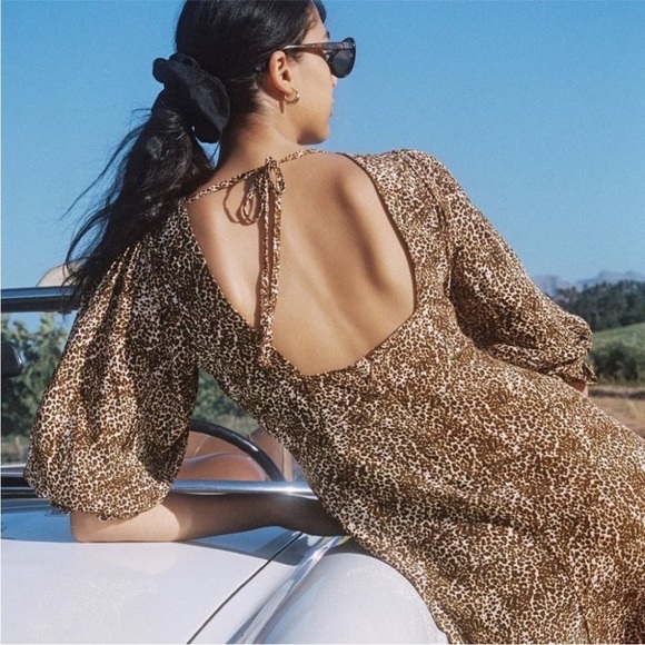 Faithfull The Brand Fontane Mini Dress Leopard Puff Sleeve Open Back Tie Size 8 - Picture 1 of 6